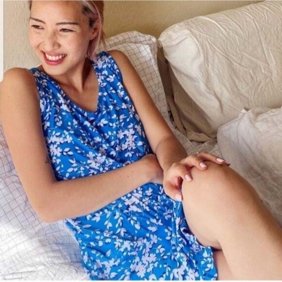 Draper James Nightgown Pajamas Ruffle Nightie Blue Floral White Dress Short S M - Picture 5 of 13